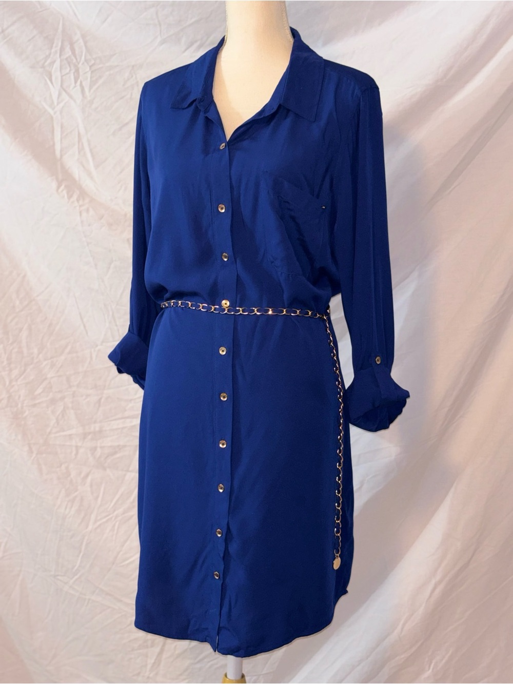 GUESS Royal Blue Button-Front Shirt Dress with Chain Belt NWOT